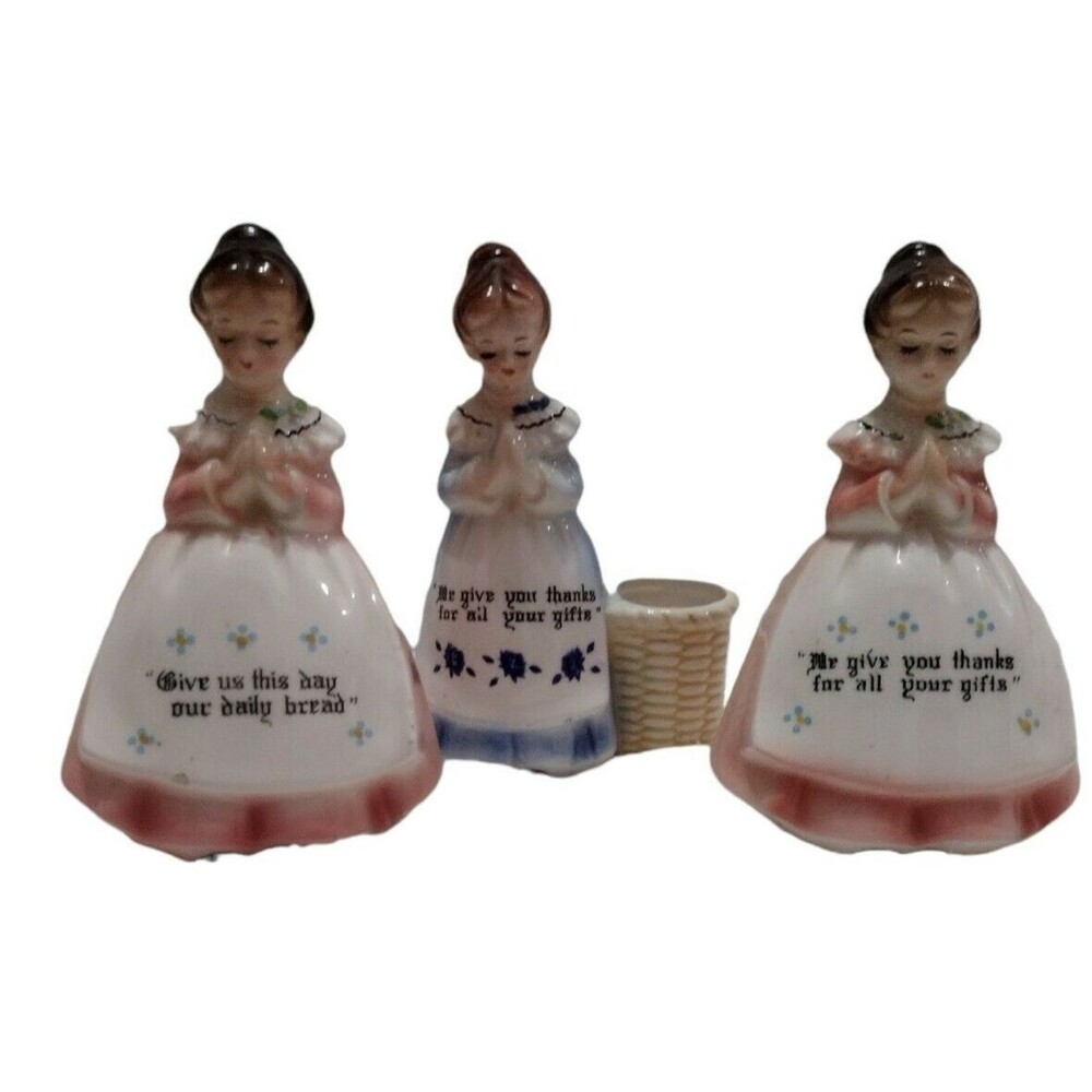 Vintage 3 pcs Praying Women Salt Pepper Shakers Toothpick Holder Daily Bread SEE